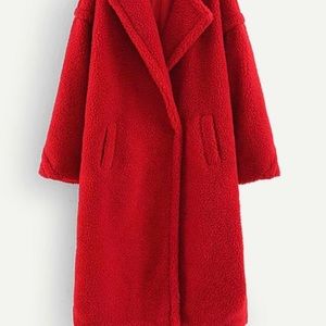 Red pocket front solid teddy coat